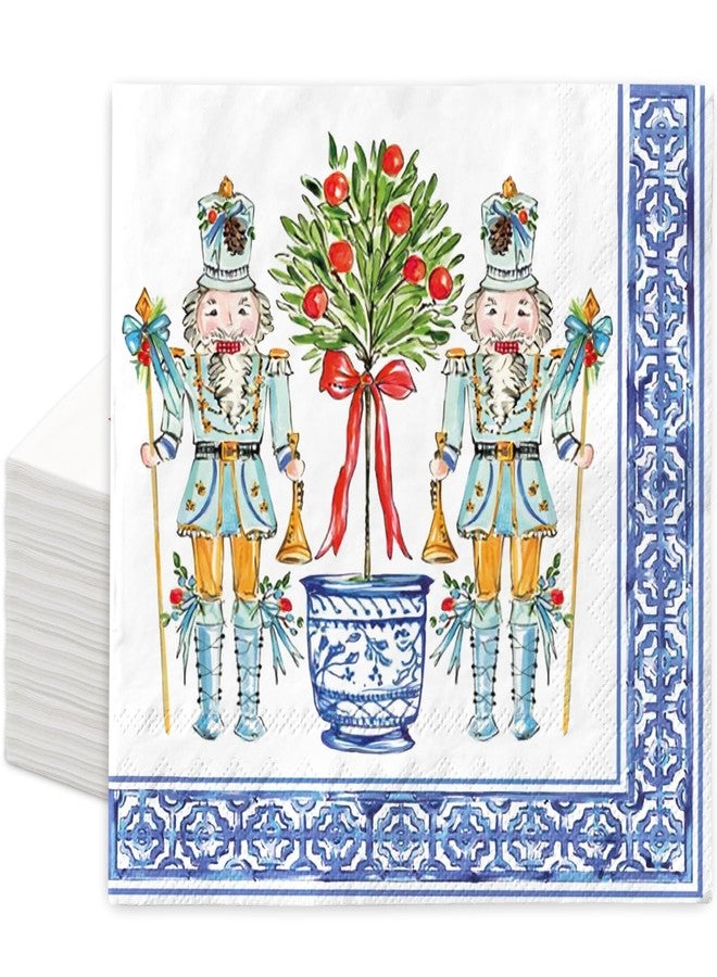 JarThenaAMCS مناديل ورقية من JarThenaAMCS، 100 قطعة، بتصميم كسارة البندق وأشجار الزينة، للاستخدام مرة واحدة، باللونين الأزرق والأبيض، بنقوش صينية، مثالية لحفلات عيد الميلاد الشتوية. - Image 1